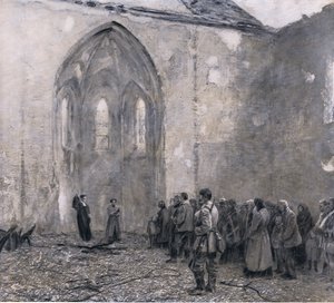 Prusia Oriental después de los "días de terror" rusos. El primer servicio en la iglesia devastada en Luck, ilustración de Hindenburg publicada por Daterlandischer Derlag C U Weller Berlín, 1922 de Max Rabes